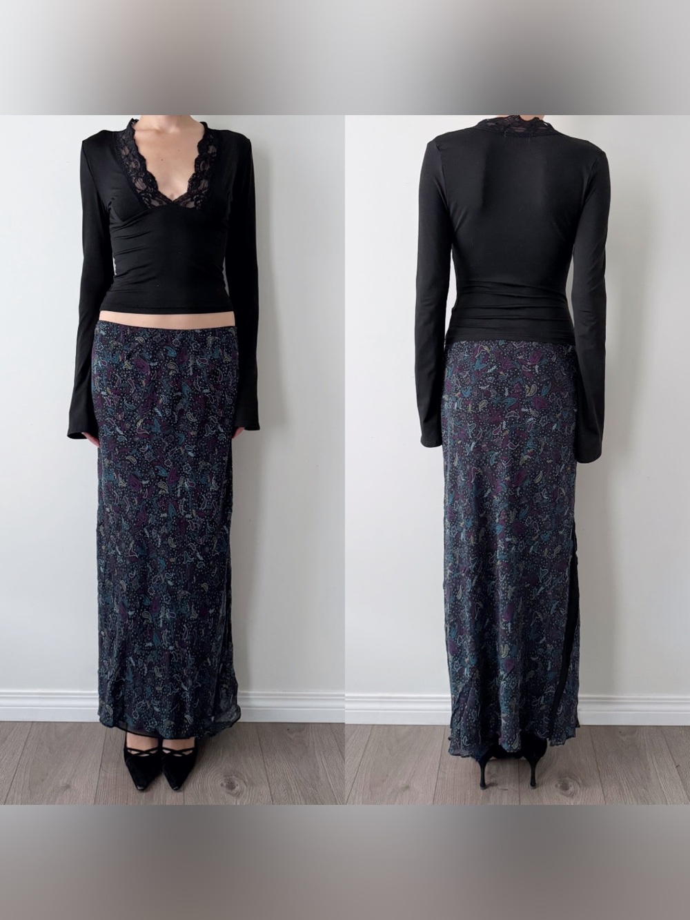 Express black paisley print 100% silk maxi skirt